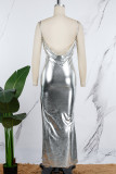 Silver Sexy Solid Backless Slit Spaghetti Strap Long Dress Dresses