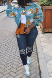 Grey Casual Print Patchwork Buckle Outerwear