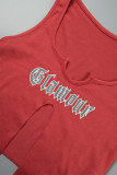 Red Casual Letter Print Asymmetrical U Neck Tops