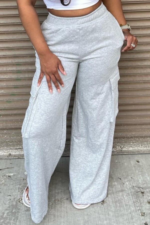 Light Gray Casual Solid Patchwork Regular High Waist Conventional Solid Color Trousers