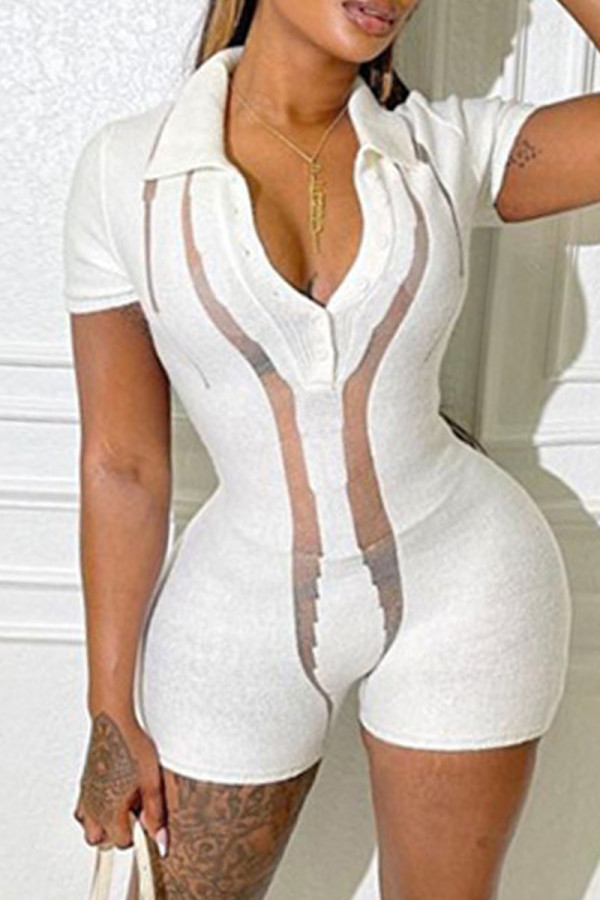 White Casual Solid Patchwork See-through Turndown Collar Skinny Romper