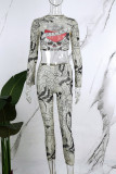 Khaki Casual Print Hollowed Out O Neck Long Sleeve Two Pieces