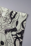 Khaki Casual Print Hollowed Out O Neck Long Sleeve Two Pieces
