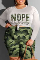 Army Green Casual Print Patchwork Knotted O Neck Plus Size Two Pieces