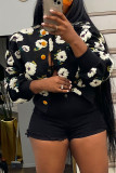 Grey Casual Print Patchwork Buckle Outerwear