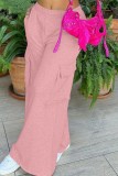 Pink Casual Solid Patchwork Regular High Waist Conventional Solid Color Trousers