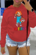 Red Casual Daily Print Draw String Hooded Collar Tops