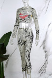 Khaki Casual Print Hollowed Out O Neck Long Sleeve Two Pieces