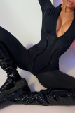 Black Sportswear Solid Patchwork Zipper Zipper Collar Skinny Jumpsuits