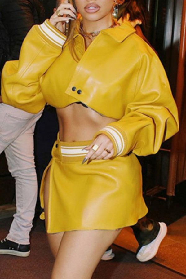 Yellow Casual Solid Patchwork Turndown Collar Long Sleeve Two Pieces