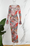 Colour Sexy Casual Print Hollowed Out Frenulum Square Collar Long Dress Dresses