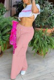 Pink Casual Solid Patchwork Regular High Waist Conventional Solid Color Trousers
