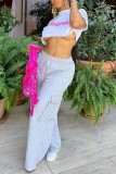 Pink Casual Solid Patchwork Regular High Waist Conventional Solid Color Trousers