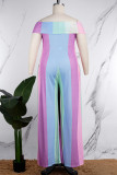 Colour Casual Striped Patchwork Backless Off the Shoulder Plus Size Jumpsuits