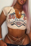 Apricot Sexy Celebrities Letter Ripped Patchwork Letter Printing O Neck T-Shirts