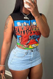 Black Casual Print Basic O Neck T-Shirts