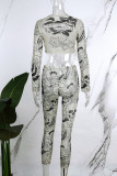 Khaki Casual Print Hollowed Out O Neck Long Sleeve Two Pieces