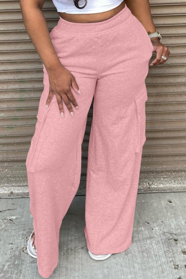 Pink Casual Solid Patchwork Regular High Waist Conventional Solid Color Trousers