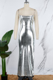 Silver Sexy Solid Backless Slit Spaghetti Strap Long Dress Dresses