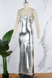 Silver Sexy Solid Backless Slit Spaghetti Strap Long Dress Dresses