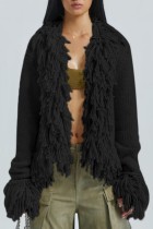 Black Casual Solid Tassel Cardigan Outerwear