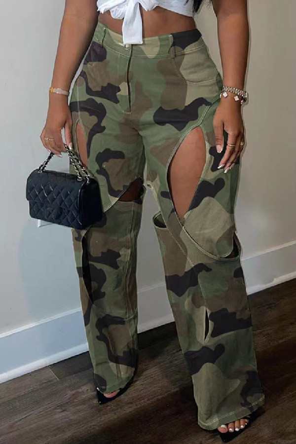 Green Casual Camouflage Print Hollowed Out Patchwork Straight Mid Waist Conventional Full Print Trousers
