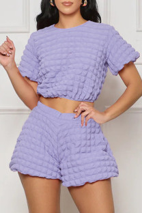 Purple Casual Solid Basic O Neck Short Sleeve Two Pieces