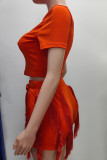 Tangerine Red Casual Sweet Solid Tassel Patchwork Draw String O Neck Short Sleeve Two Pieces