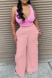 Pink Casual Solid Patchwork Regular High Waist Conventional Solid Color Trousers