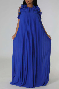 Blue Casual Solid Patchwork Backless Fold Stringy Selvedge Halter Straight Dresses