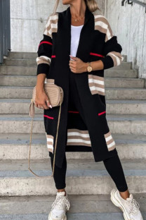 Black Casual Striped Patchwork Cardigan Collar Outerwear