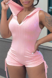 Pink Street Solid Patchwork Draw String Strap Design Hooded Collar Skinny Rompers