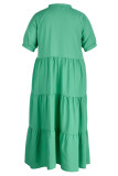 Green Casual Solid Patchwork Buttons Fold Turndown Collar Shirt Dress Plus Size Dresses