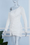 White Casual Solid Patchwork Oblique Collar Long Sleeve Dresses