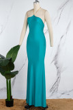 Red Sexy Solid Metal Accessories Decoration Backless Halter Long Dress Dresses