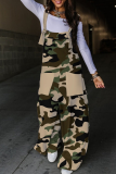 Camouflage Street Print Patchwork Pocket Knotted Spaghetti Strap Loose Jumpsuits