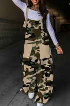 Camouflage Street Print Patchwork Pocket Knotted Spaghetti Strap Loose Jumpsuits