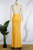 Red Sexy Solid Metal Accessories Decoration Backless Halter Long Dress Dresses