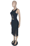 White Sexy Casual Solid Tassel Ripped Hollowed Out Patchwork O Neck Wrapped Skirt Dresses