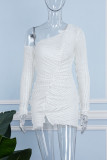 White Casual Solid Patchwork Oblique Collar Long Sleeve Dresses