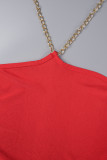 Red Sexy Solid Metal Accessories Decoration Backless Halter Long Dress Dresses