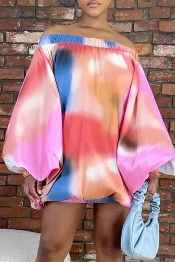 Colour Casual Print Patchwork Off the Shoulder Printed Dress Dresses