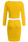 Yellow Elegant Solid Patchwork Buckle Square Collar Long Sleeve Two Pieces