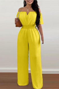 Yellow Casual Work Solid Patchwork Backless V Neck Straight Jumpsuits