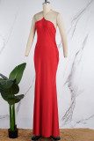 Red Sexy Solid Metal Accessories Decoration Backless Halter Long Dress Dresses