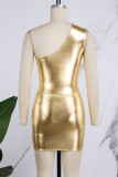 Gold Sexy Casual Solid Backless Oblique Collar Sleeveless Two Pieces