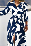 Dark Blue Elegant Plaid Geometric Striped Bandage Patchwork Buckle Printing Shirt Collar Printed Dress Dresses