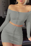 Grey Elegant Solid Patchwork Buckle Square Collar Long Sleeve Two Pieces