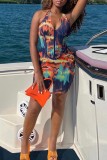 Colour Sexy Casual Print Backless Halter Sleeveless Dress Dresses