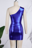 Blue Sexy Casual Solid Backless Oblique Collar Sleeveless Two Pieces